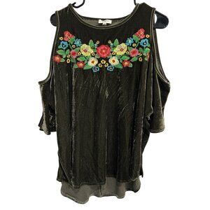 Umgee Floral Embroidered Velvet Cold Shoulder Blouse Size M Boho Festival